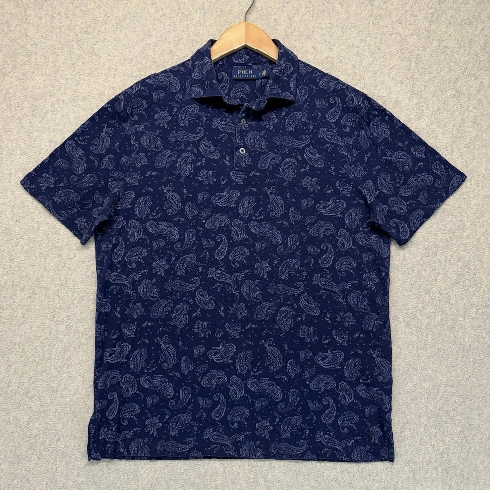 Polo Ralph Lauren Polo Shirt Mens Medium Navy Paisley Print Short Sleeve